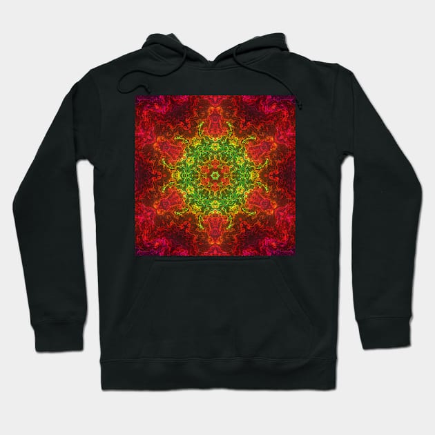 Psychedelic Kaleidoscope Flower Green and Red Hoodie by WormholeOrbital